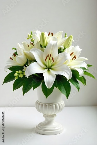 A serene arrangement of white lilies and roses, elegantly displayed in a classic funeral urn Perfect for sympathy, remembrance, and grief-related imagery , floral design, petals