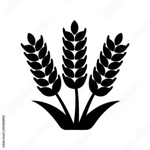 Stylized black and white depiction of three wheat or barley stalks