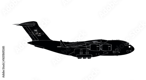 Black Silhouette of C-17 Globemaster III – Military Cargo Jet Side View – Bold Vector Aviation Illustration

