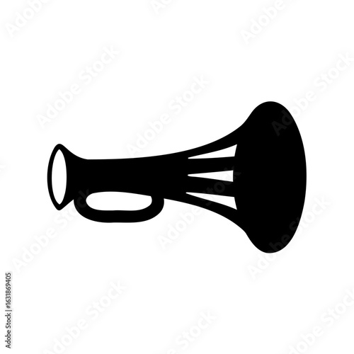 Black silhouette illustration of a bugle or herald trumpet on white background