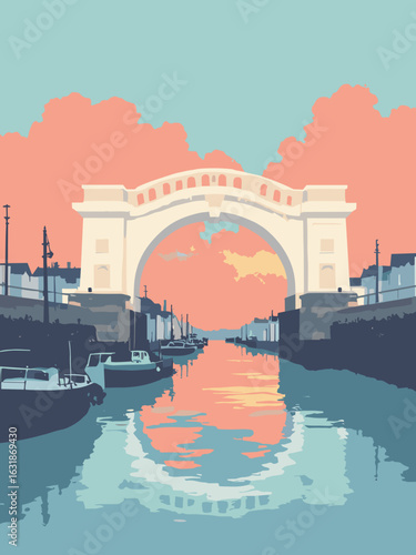 Bridgwater – Bridgwater Quay arch and docks in arch white, dock gray, tidal blue, and sunset coral