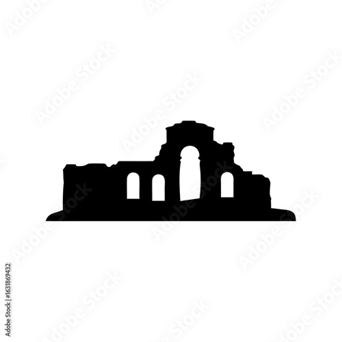 Ancient Roman Ruins Silhouette Illustration with Archways and Openings on White