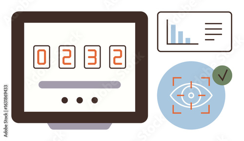 Screen displaying numeric counter, bar graph, and biometric eye scan with verification checkmark. Ideal for technology, security, analytics, data tracking, authentication, monitoring innovation