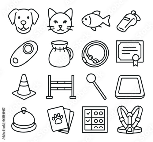 Pet care essentials illustrated icons set for dogs, cats, fish, and small animals
