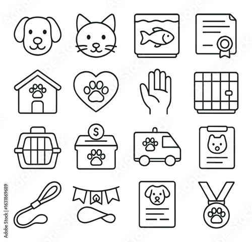Pet care icons: dog, cat, fish, certification, shelter, adoption, transportation, accessories