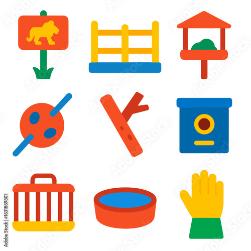 Zoo Enclosure Icons. Flat vector icons of zoo and wildlife enclosure gear: animal signpost, habitat fencing, feeding platform,