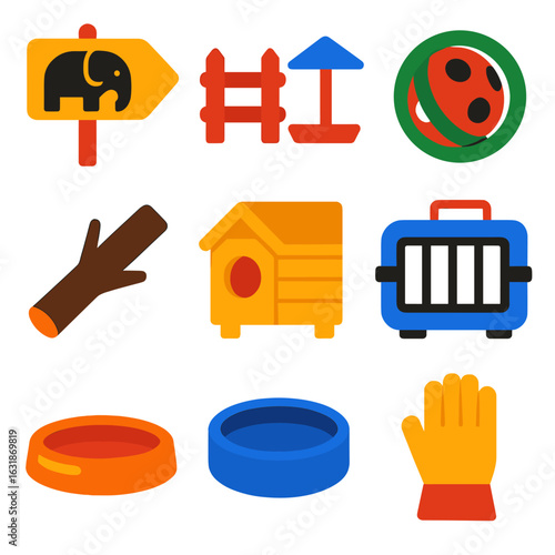 Zoo Enclosure Icons. Flat vector icons of zoo and wildlife enclosure gear: animal signpost, habitat fencing, feeding platform,