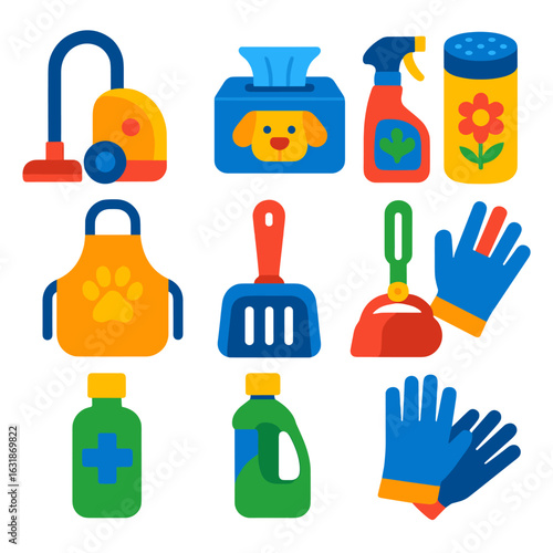 Pet Cleaning Essentials. Flat vector icons of pet cleaning tools and hygiene: fur vacuum, pet-safe wipes, stain remover spray,