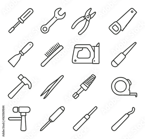 Essential tools: wrenches, screwdrivers, pliers, hammers, saws illustrated