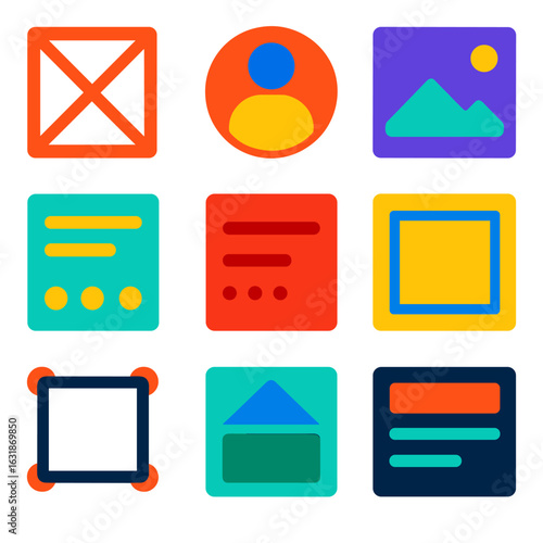 Bold Flat UI Icons. Flat vector icons of UI design shapes and frames: placeholder box, shape avatar icon, thumbnail shape, widget