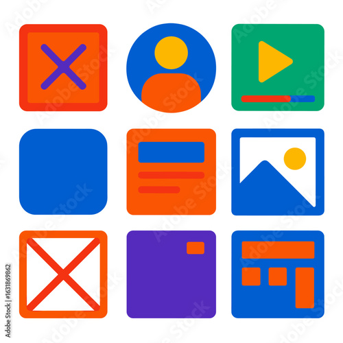 Bold Flat UI Icons. Flat vector icons of UI design shapes and frames: placeholder box, shape avatar icon, thumbnail shape, widget
