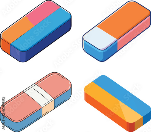 Vibrant Dual-Side Eraser Set – Realistic 3D Vector Illustration for Stationery Design. 