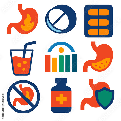 Gastric Health Icons. Flat vector icons of gastric protection and acid control: stomach acid symbol, antacid tablet icon, PPI