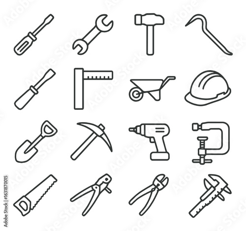 Collection of construction tool icons on dark background