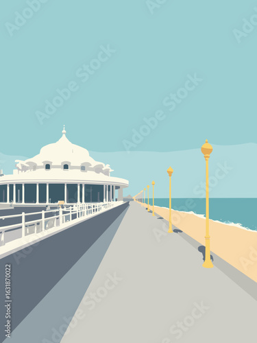 Bexhill-on-Sea – De La Warr Pavilion and promenade in pavilion white, promenade gray, sea blue, and lamp yellow