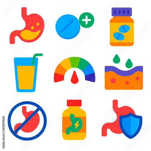 Gastric Health Icons. Flat vector icons of gastric protection and acid control: stomach acid symbol, antacid tablet icon, PPI