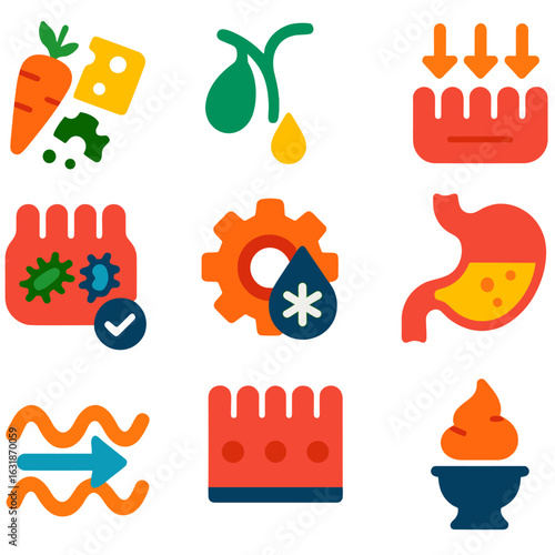 Digestive System Icons. Flat vector icons of functional digestion processes: food breakdown icon, bile secretion, nutrient