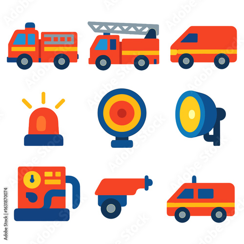 Fire Truck Icons. Flat vector icons of fire truck and equipment: fire engine, aerial ladder truck, rescue van, water tank truck,