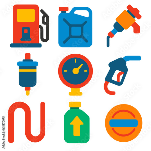 Fuel System Icons. Flat vector icons of fuel system service: fuel pump icon, gas tank shape, injector nozzle, fuel filter symbol,