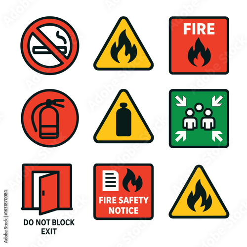 Fire Safety Icons. Flat vector icons of fire prevention signs: no smoking icon, flammable sign, fire zone label, keep clear symbol