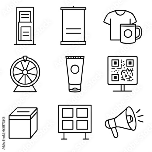 Promotional Event Icons. Line style icons of promotional event elements: flyer stand, roll-up banner, branded merchandise, prize