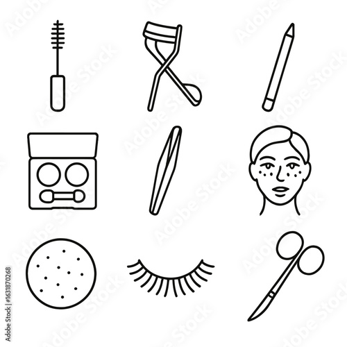 Cosmetic Eye Tool Icons. Line style icons of cosmetic eye tools: mascara brush, eyelash curler, eyeliner pencil, eye shadow