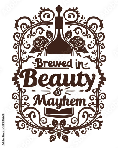 Vintage apothecary label with herbs and roses, brewed beauty concept