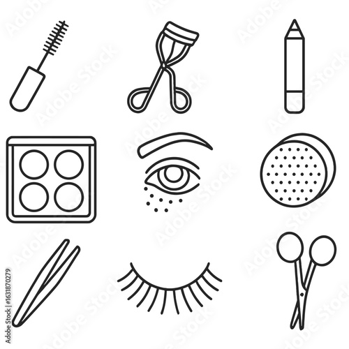 Cosmetic Eye Tool Icons. Line style icons of cosmetic eye tools: mascara brush, eyelash curler, eyeliner pencil, eye shadow
