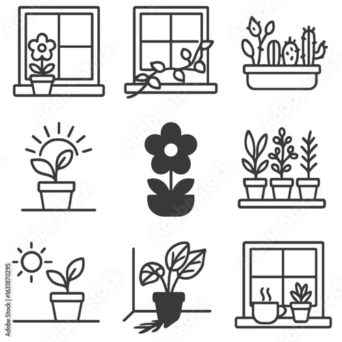 Windowsill Plant Icons. Line style icons of windowsill plant decoration: flowerpot by window, climbing vine on ledge, mini cacti