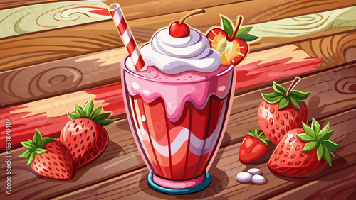strawberry milkshake on wooden table with strawberry topping, idea sweet drink homemade,