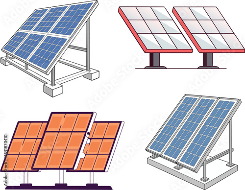 3D Colorful Vector Solar Panel System on Angled Metal Frames. 