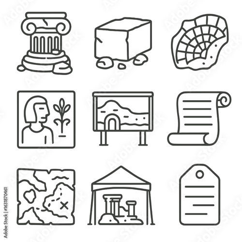Ancient Structure Icons. Line style icons of ancient structure excavation: broken column base, sandstone block, mosaic tile