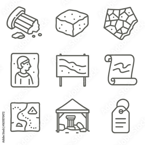 Ancient Structure Icons. Line style icons of ancient structure excavation: broken column base, sandstone block, mosaic tile