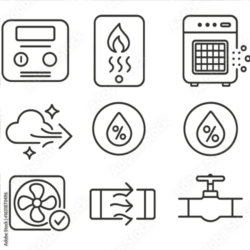 Air Quality Safety Icons. Line style icons of air quality and gas safety: carbon monoxide detector, gas leak sensor, air purifier