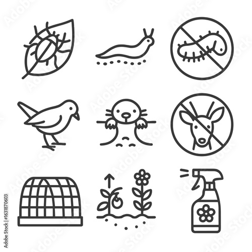 Garden Pest Icons. Line style icons of garden pests and prevention: aphid on leaf, slug trail, caterpillar warning, mole tunnel,