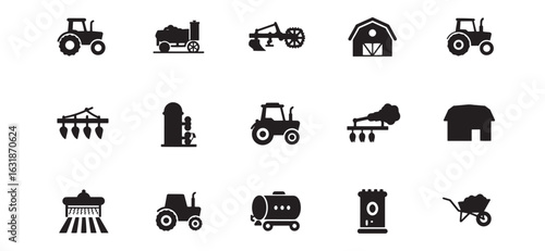 Collection of vector silhouettes depicting various farming equipment and agricultural elements
