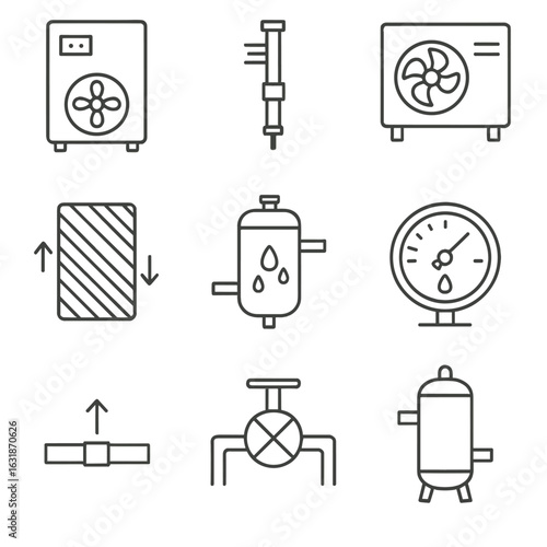 Refrigerated Air Dryer Icons. Line style icons of refrigerated air dryer systems: dryer housing, condensate drain, cooling unit,