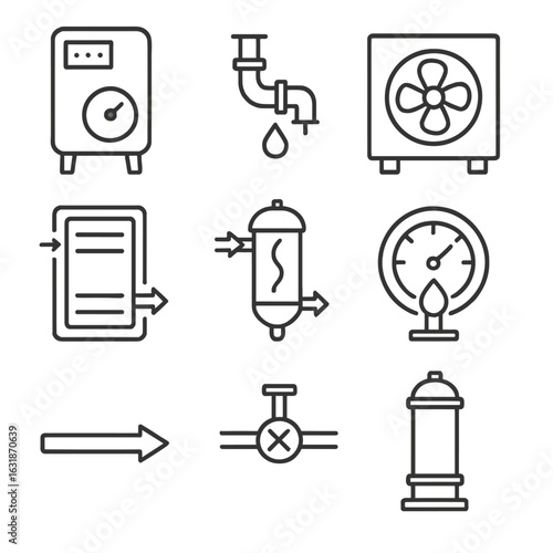 Refrigerated Air Dryer Icons. Line style icons of refrigerated air dryer systems: dryer housing, condensate drain, cooling unit,