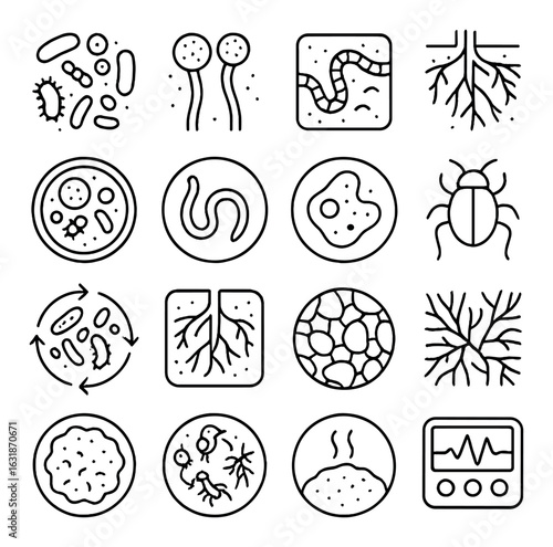 Microorganisms and soil elements icon set - bacteria, fungi, roots, insects, nutrients