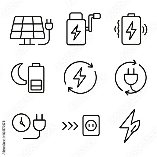 Eco-Friendly Charging Icons. Line style icons of eco-friendly charging methods: solar panel with plug, hand crank charger, kinetic