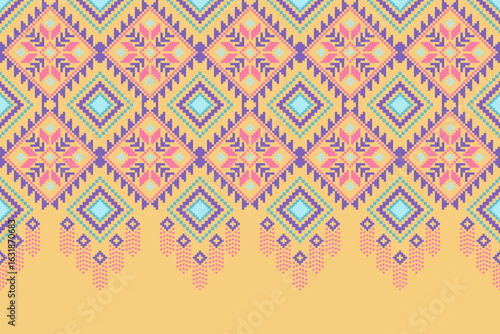 Cross stitch pattern concept showcasing traditional ethnic geometric pattern, Design for textile, background,carpet,wallpaper,clothing,wrapping,Batik,fabric,Vector illustration	

