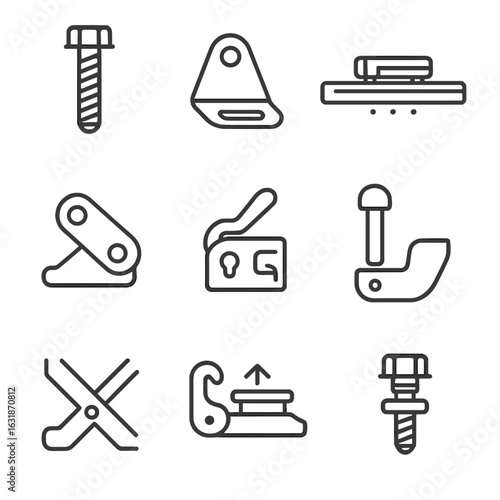 Seat Hardware Icons. Line style icons of seat installation hardware: seat mounting bolt, anchor bracket, slide rail icon, hinge
