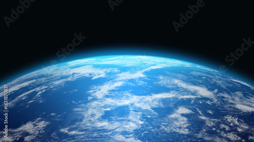 Earth the Blue Planet. Exoplanet. Amazing planet Earth with world ocean and clouds in outer space on a starry sky. Wide horizontally high resolution 