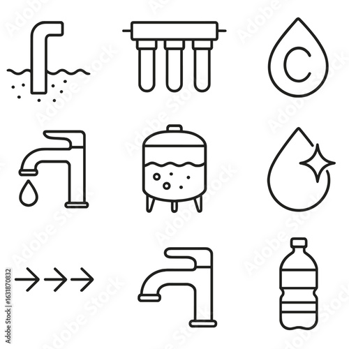 Drinking Water Process Icons. Line style icons of drinking water process: water intake pipe, filtration unit, chlorination drop,