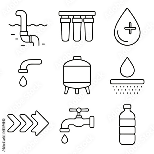 Drinking Water Process Icons. Line style icons of drinking water process: water intake pipe, filtration unit, chlorination drop,