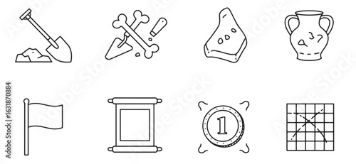 Archaeological icons set depicting exploration digging history and discovery with simple outlines