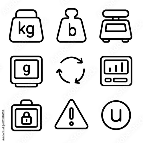 Weighing Icons Collection. Line style icons of weighing symbols and units: kg icon, lb weight symbol, tare icon, gram measurement,