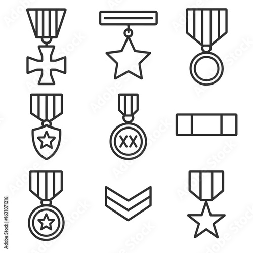 Line Style Military Icons. Line style icons of military and service medals: cross medal on ribbon, star on bar pin, official honor