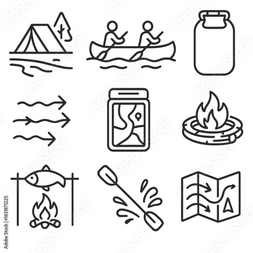 Canoe and Camping Icons. Line style icons of canoe and river camping: tent on riverbank, canoe with two paddlers, dry bag icon,