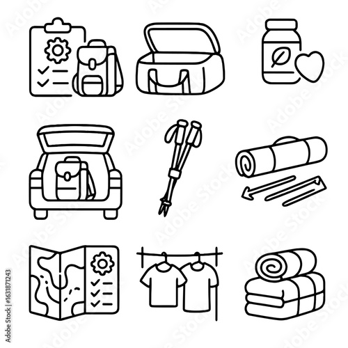 Gear Packing Icons. Line style icons of gear packing and logistics: gear checklist with backpack, open duffle bag, trail food